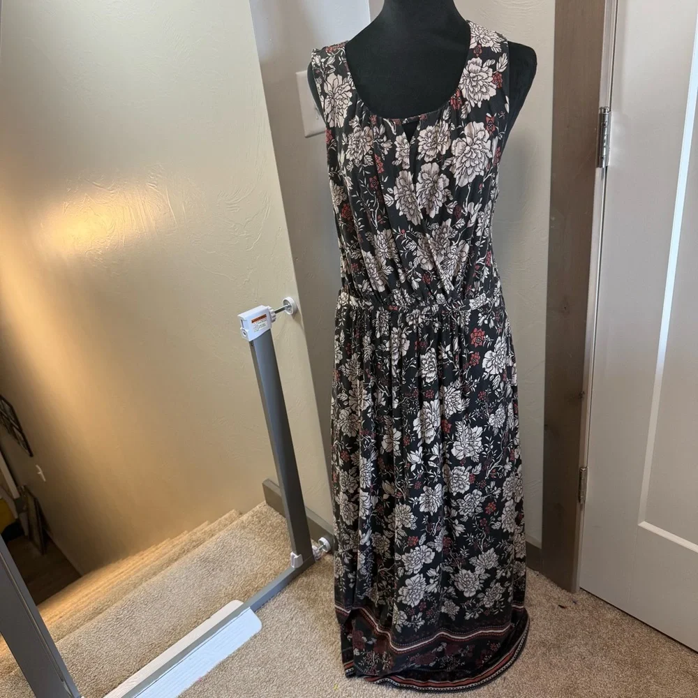 Garnet Hill Dark Floral Sleeveless Maxi Dress‎ Cinch Waist Faux Wrap Top Scoop L